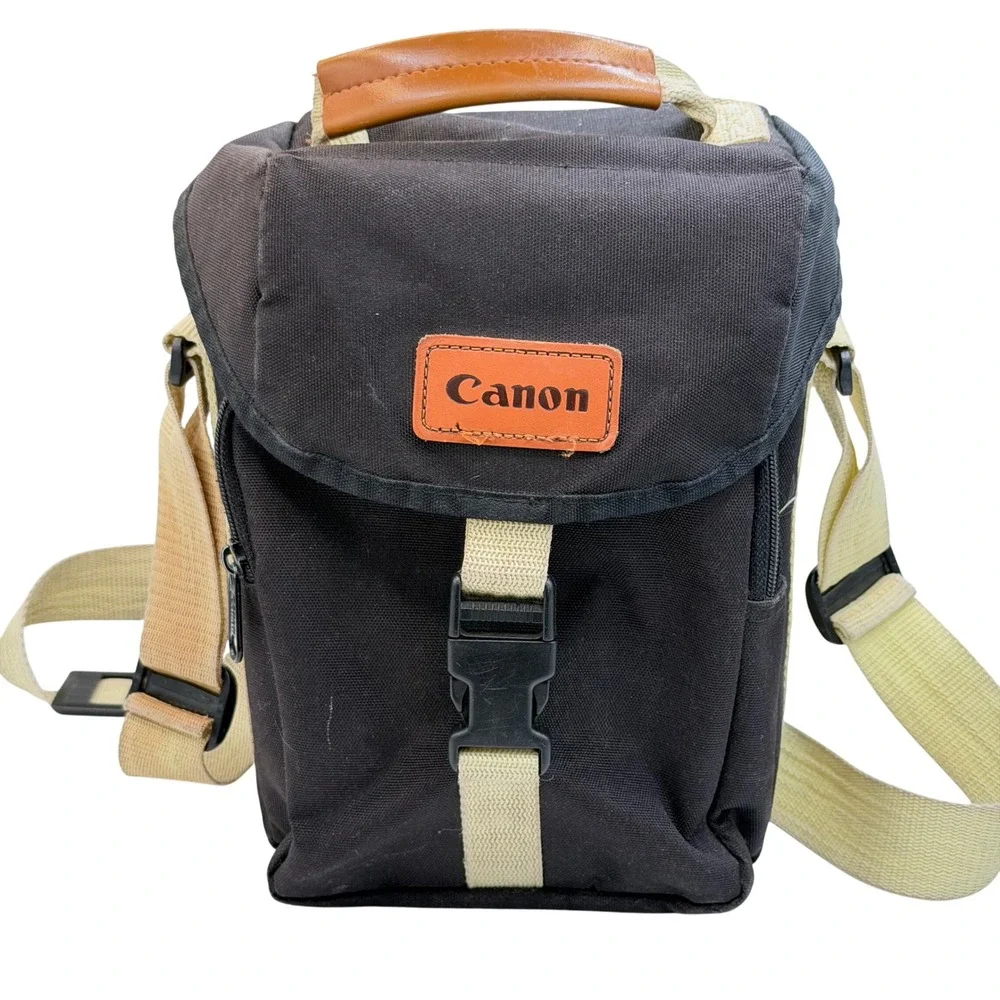Canon Vintage Camera Bag Black Canvas Tan Case Messenger SLR DSLR 10x7x5
